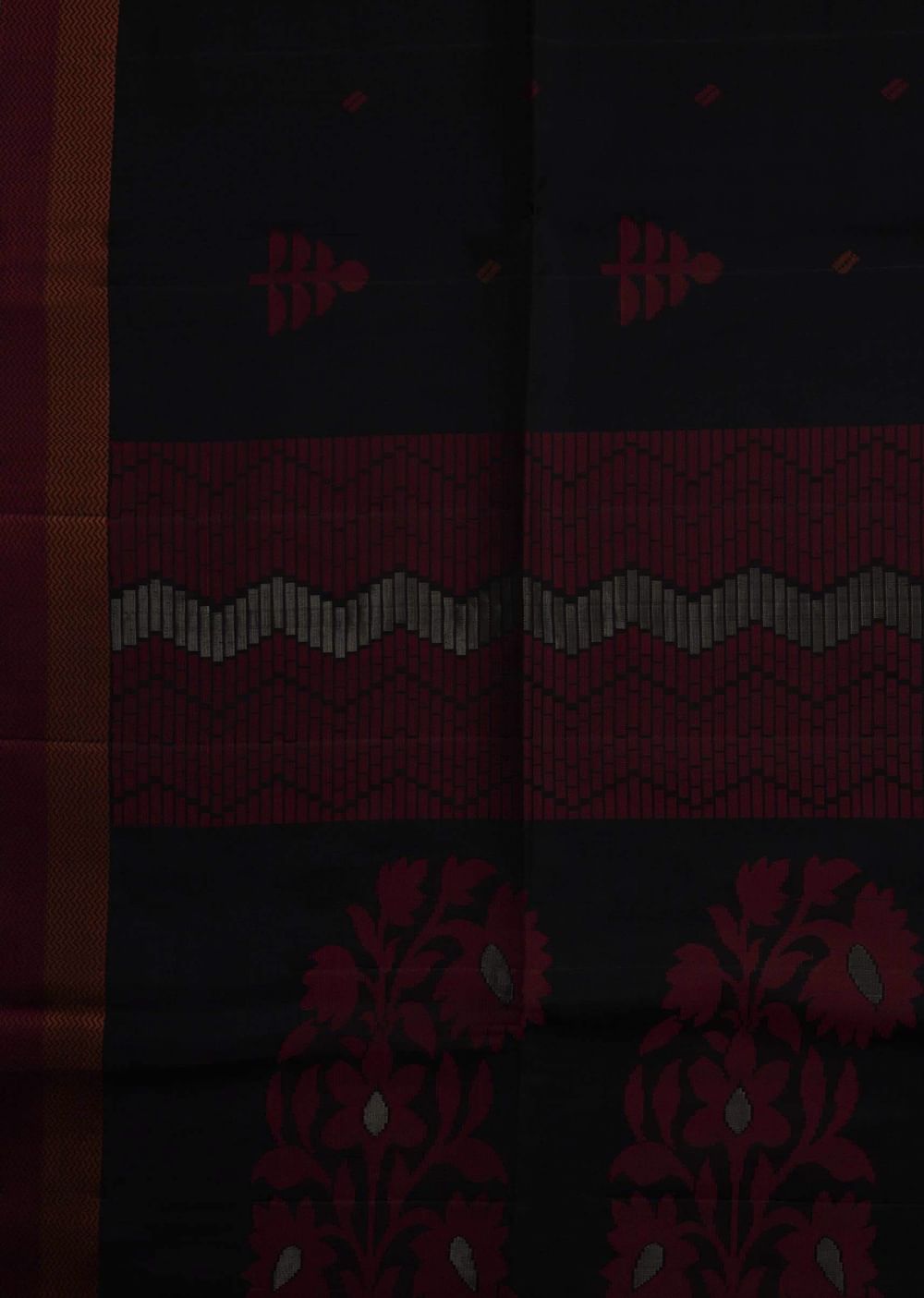 Black saree in silk beautified in weaved embroidery only on Kalki