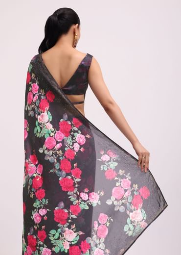 Black Satin Floral Printed Saree With Unstitched Blouse