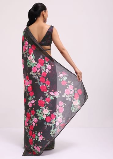 Black Satin Floral Printed Saree With Unstitched Blouse