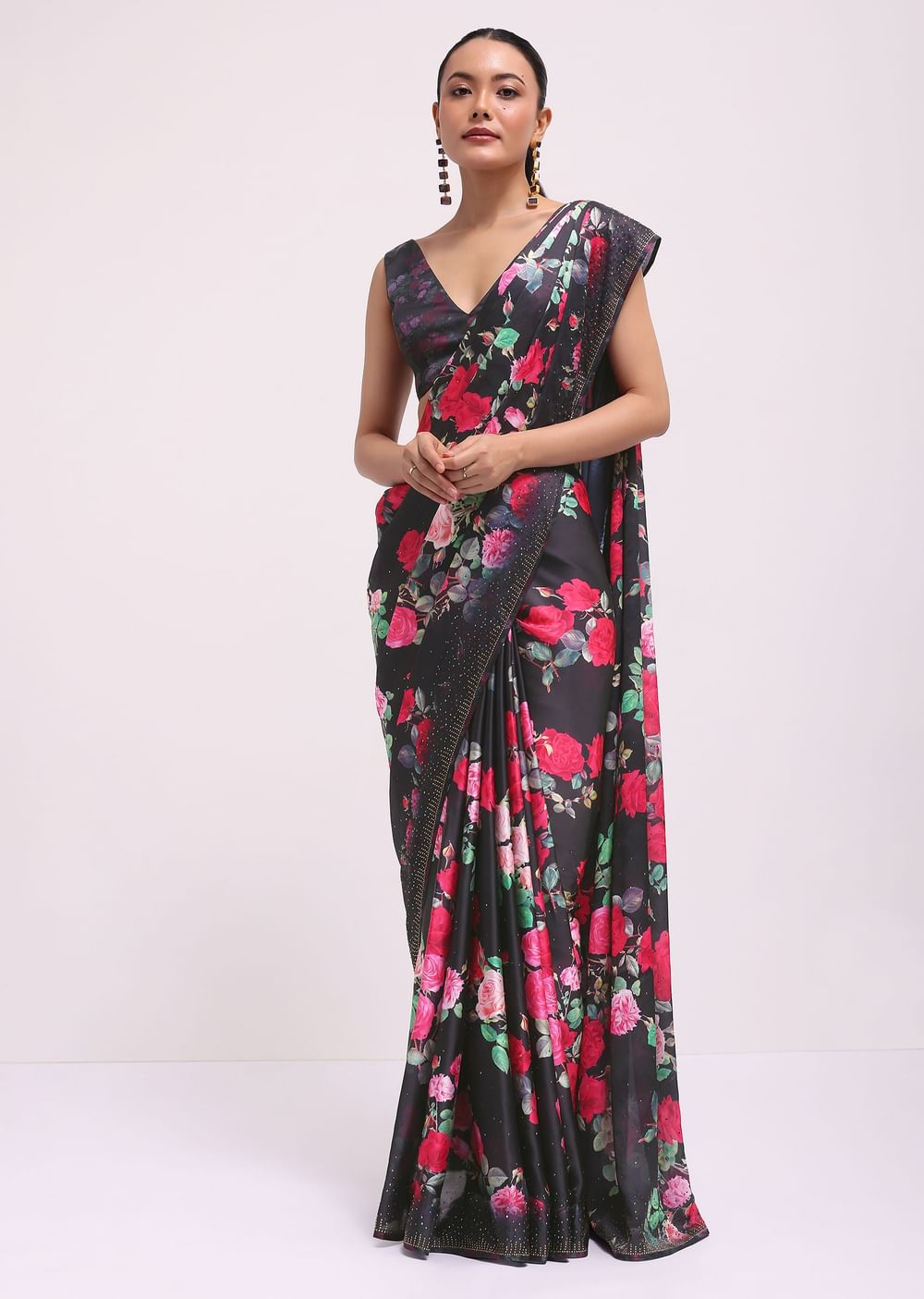 Black Satin Floral Printed Saree With Unstitched Blouse