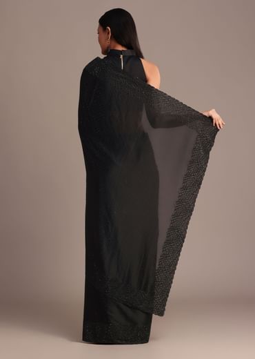 Black Satin Stone And Diamond Embroidered Saree