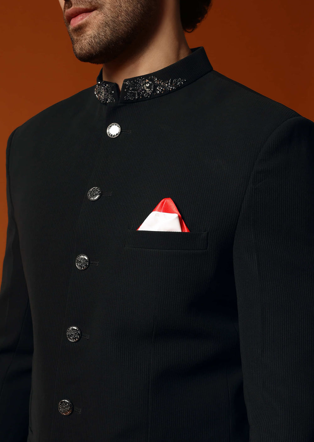 Black Self Work Jodhpuri Suit For Men