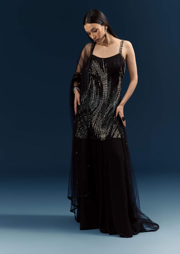 Black Sequins Sharara Suit With Cutdana Embroidery