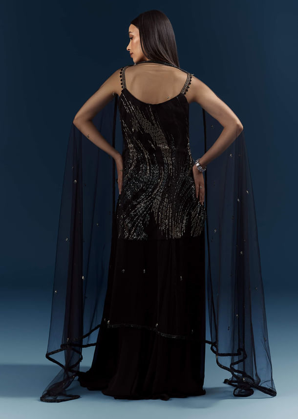 Black Sequins Sharara Suit With Cutdana Embroidery