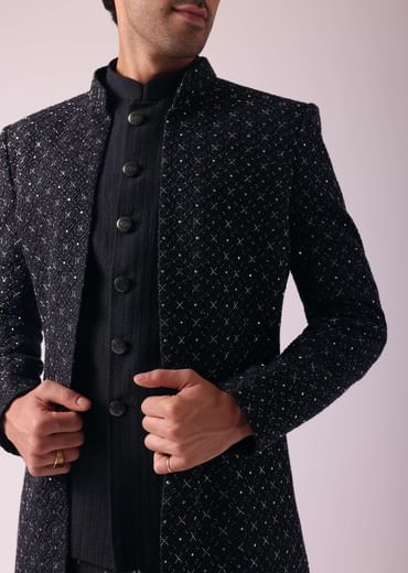 Black Shimmery Indowestern With Cut Work