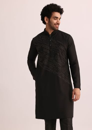 Black Silk Blend Kurta Set With Thread Embroidery