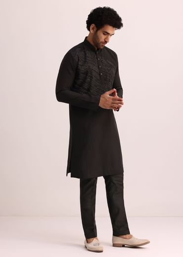 Black Silk Blend Kurta Set With Thread Embroidery