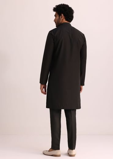 Black Silk Blend Kurta Set With Thread Embroidery