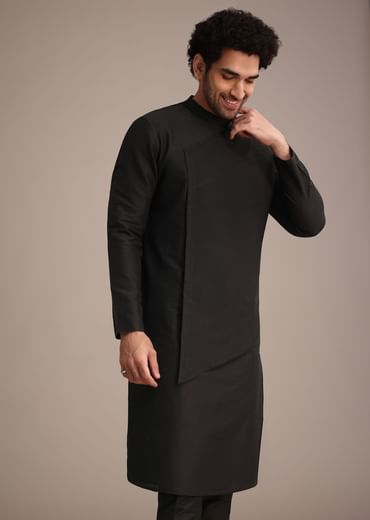 Black Silk Blend Pintuck Kurta Jacket Set