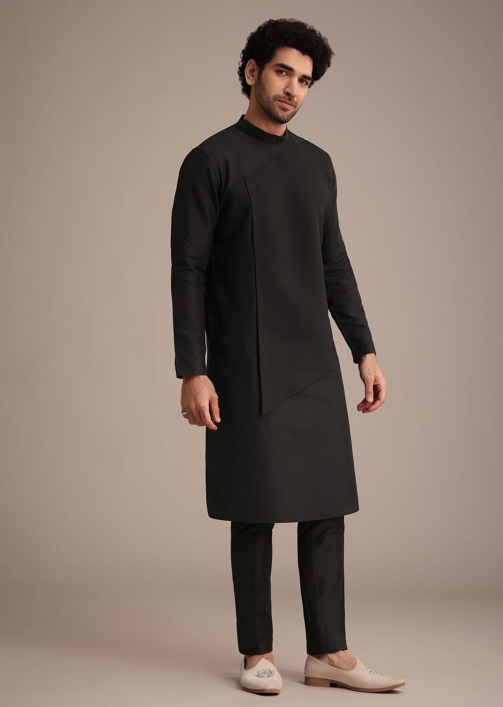 Black Silk Blend Pintuck Kurta Jacket Set