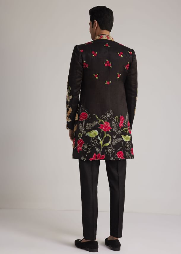 Black Silk Floral Hand Embroidered Indowestern Jacket Set