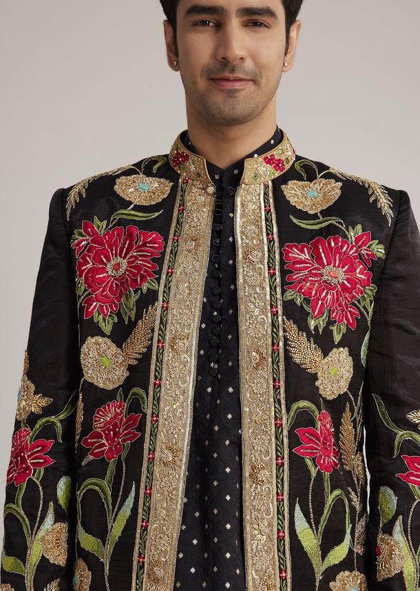 Black Silk Floral Hand Embroidered Indowestern Jacket Set