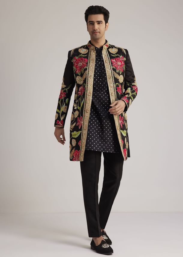 Black Silk Floral Hand Embroidered Indowestern Jacket Set