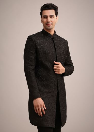 Black Silk Indo Western And Pant Set With Salli Work