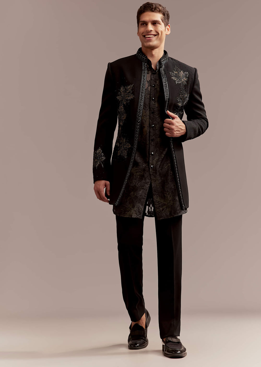 Black Silk Indo Western Set For Men With Intricate Leaf Embroidery