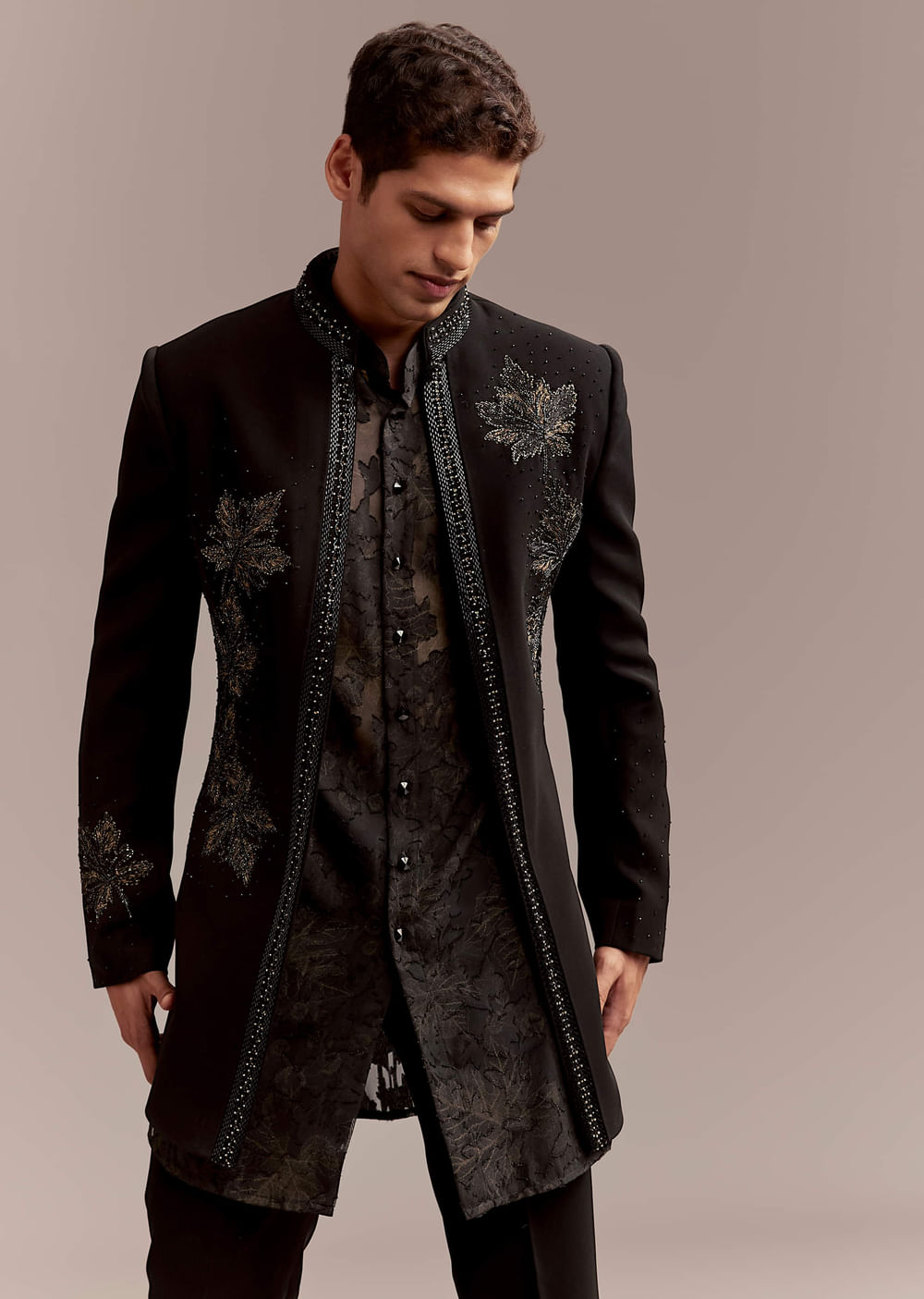 Black Silk Indo Western Set For Men With Intricate Leaf Embroidery