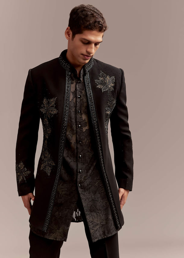 Black Silk Indo Western Set For Men With Intricate Leaf Embroidery