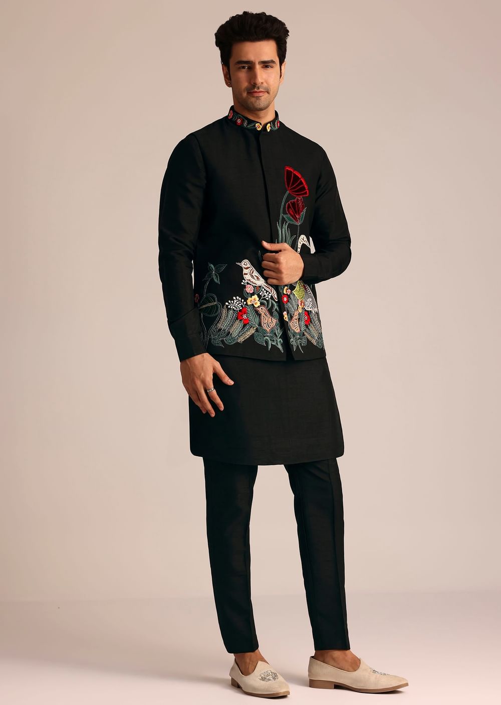 Black Silk Indo Western Set With Resham Embroidery