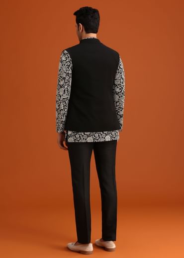 Black Silk Jacket And Kurta Set With Zari Work