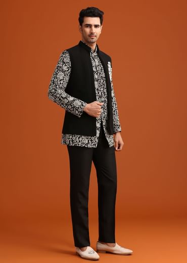 Black Silk Jacket And Kurta Set With Zari Work