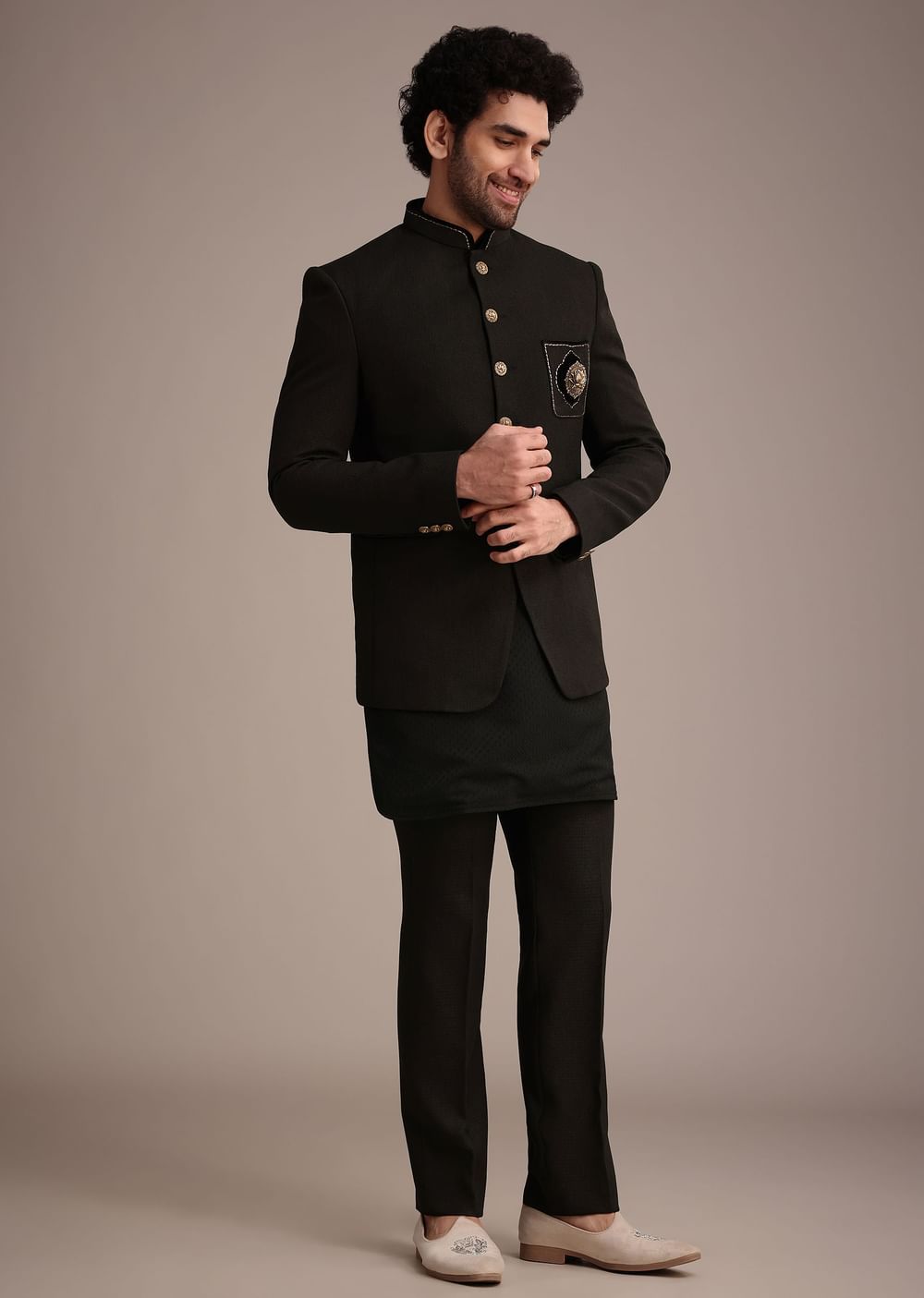 Black Silk Kurta Jacket Set With Patch Work Broach