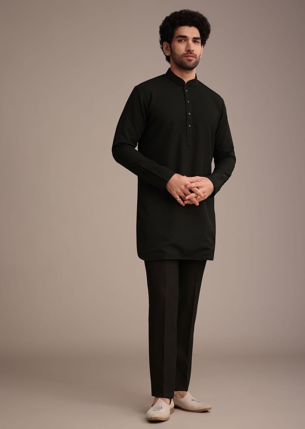 Black Silk Kurta Jacket Set With Patch Work Broach