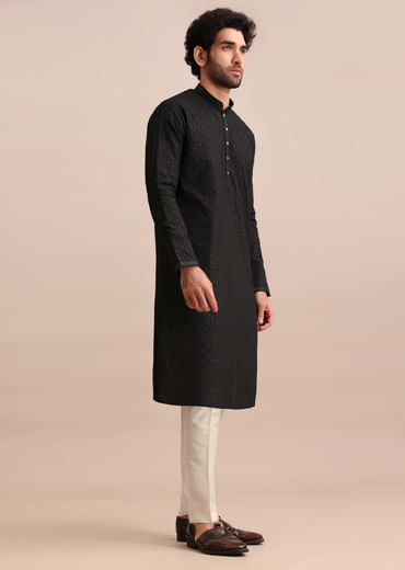 Black Silk Kurta Set With Threadwork For Men