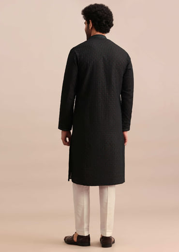 Black Silk Kurta Set With Threadwork For Men