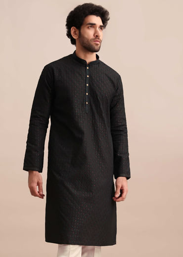 Black Silk Kurta Set With Threadwork For Men