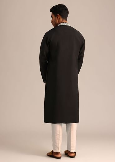 Black Silk Mandarin Collar Kurta Set With Embroidered Yoke