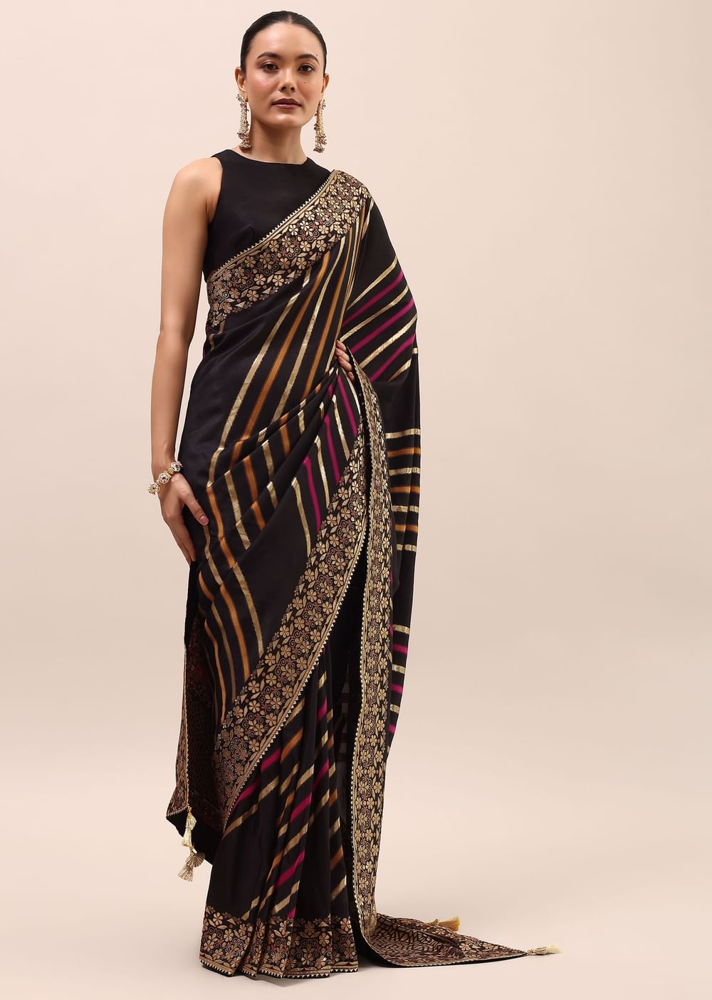 Black Silk Saree In Butta Work With Unstitched Blouse