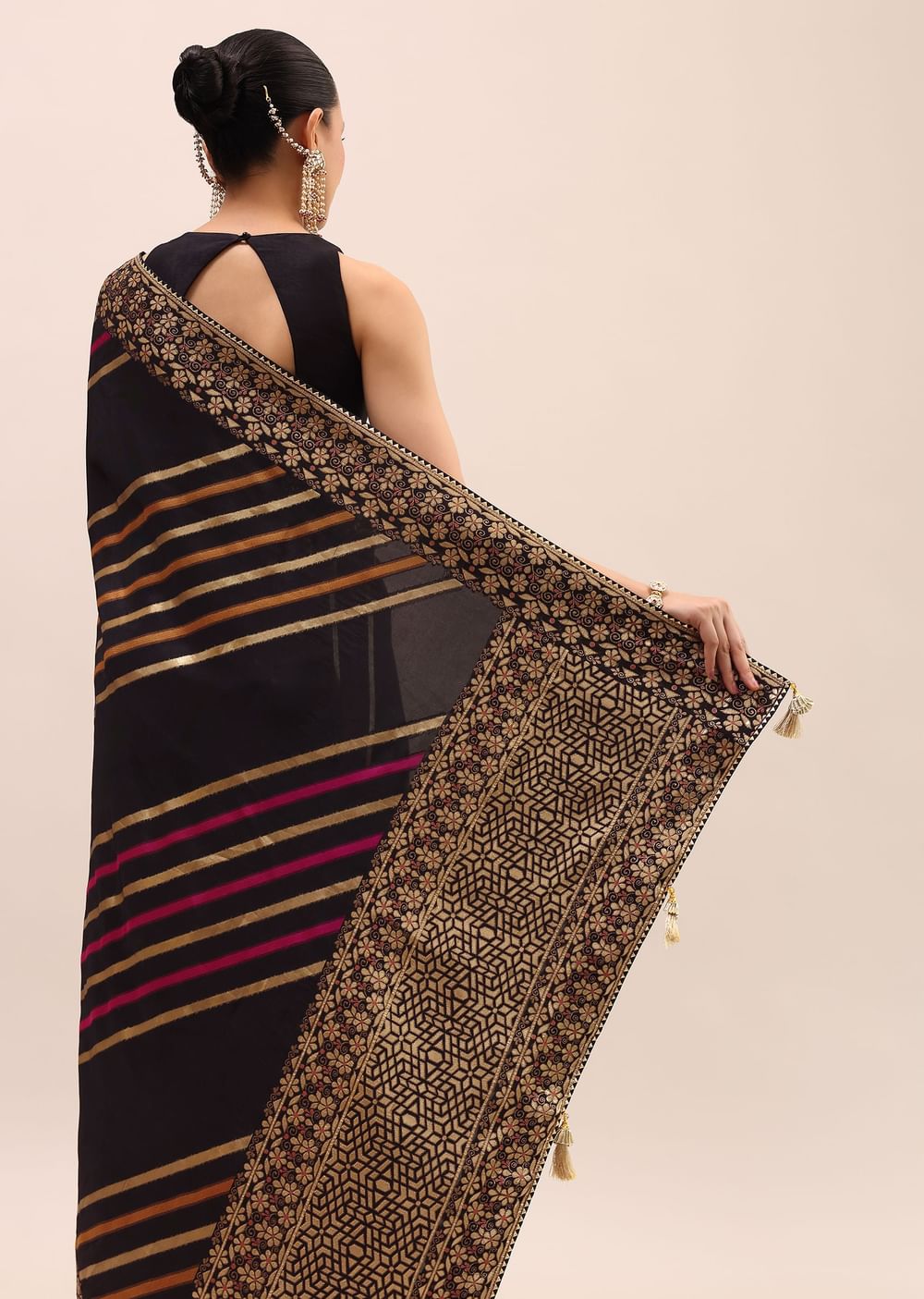 Black Silk Saree In Butta Work With Unstitched Blouse