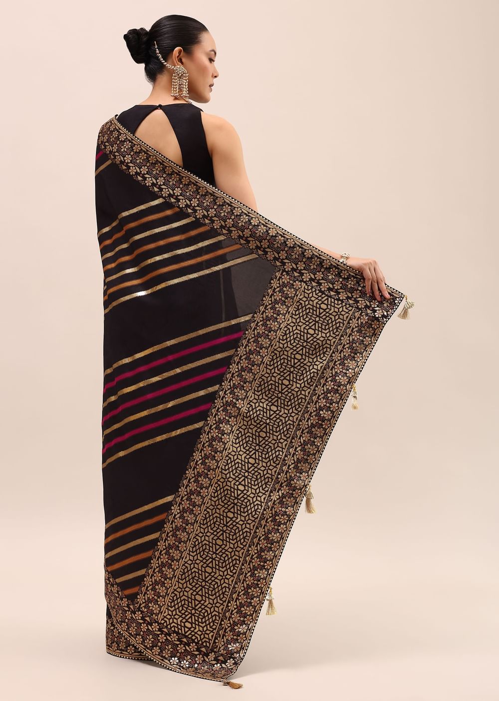 Black Silk Saree In Butta Work With Unstitched Blouse