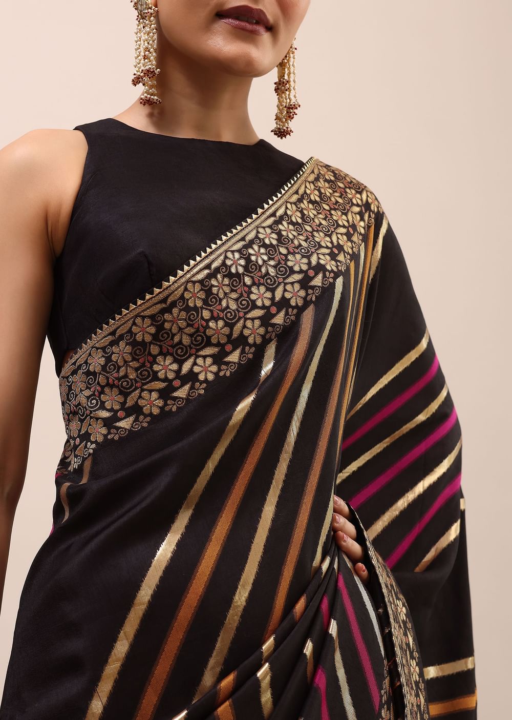 Black Silk Saree In Butta Work With Unstitched Blouse