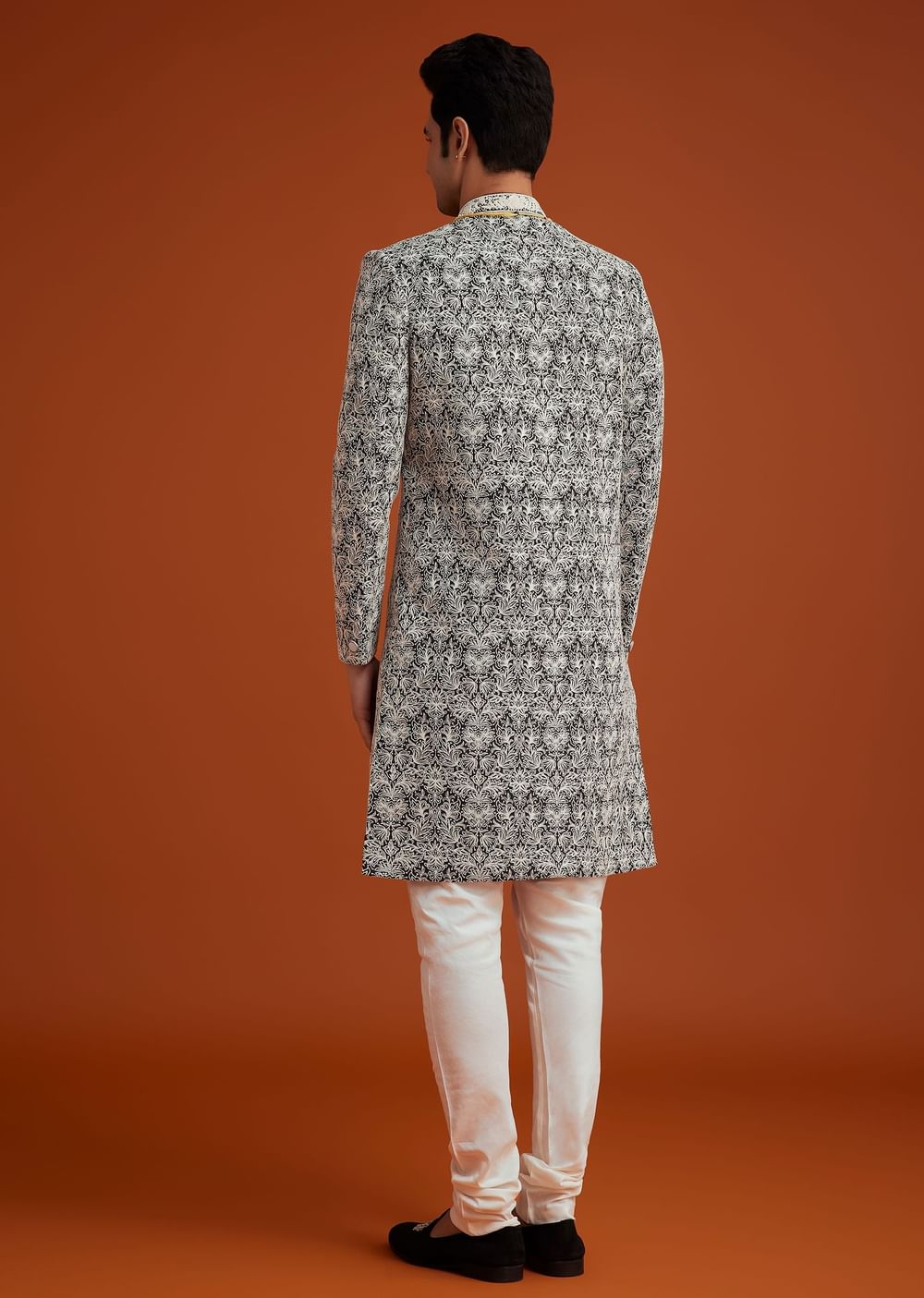 Black Silk Sherwani Set With Bead Work And Embroidery