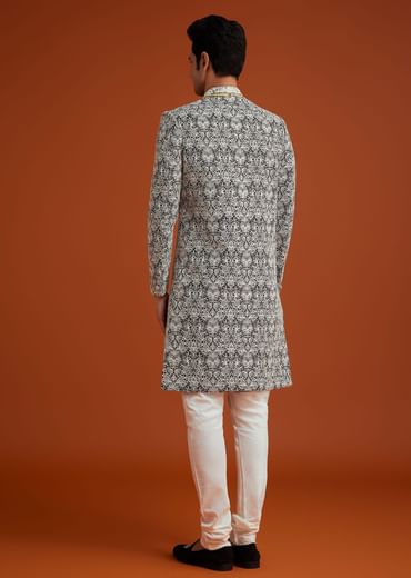 Black Silk Sherwani Set With Bead Work And Embroidery