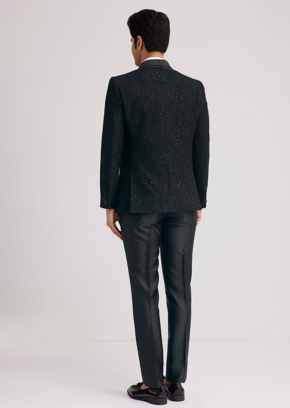 Black Silk Tuxedo With Stone Work And Net Detailing