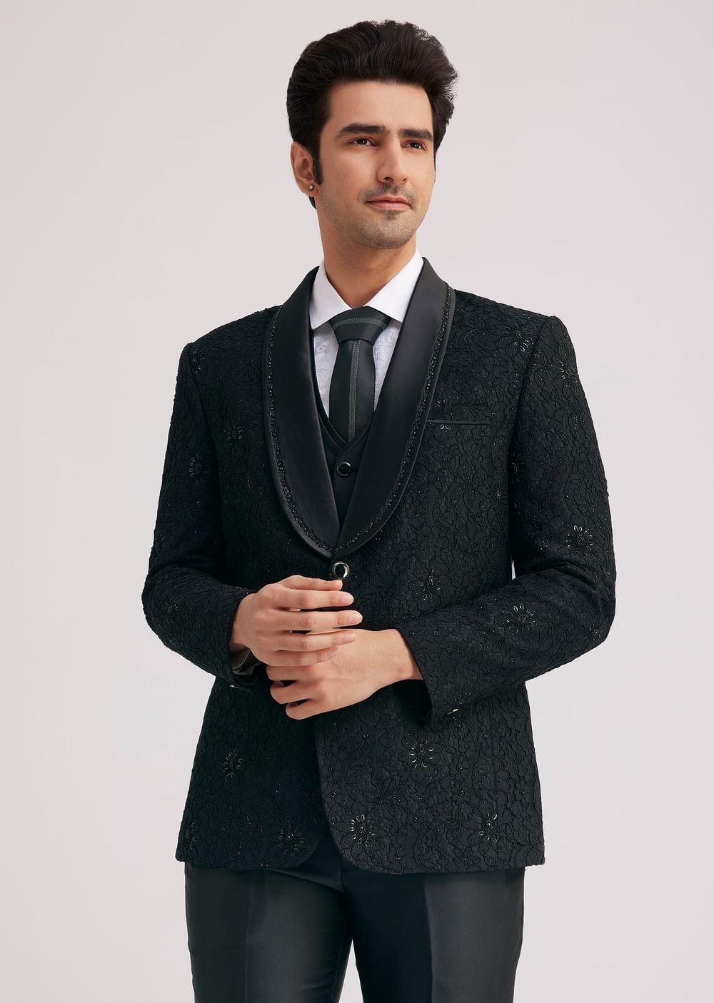 Black Silk Tuxedo With Stone Work And Net Detailing