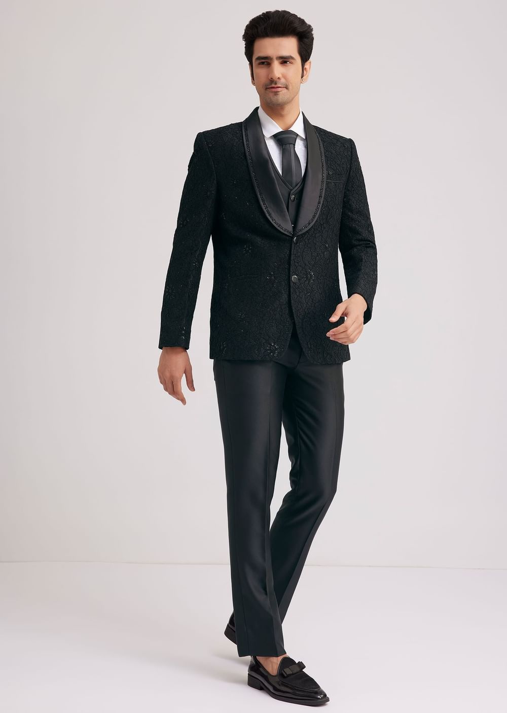 Black Silk Tuxedo With Stone Work And Net Detailing