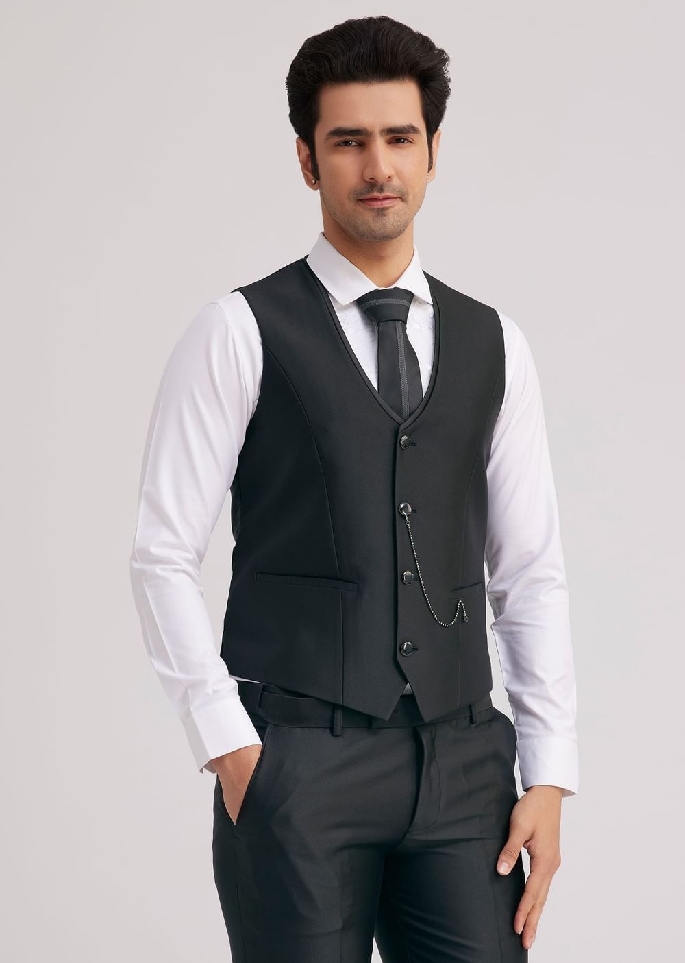 Black Silk Tuxedo With Stone Work And Net Detailing