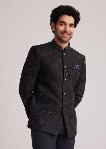 Black Stone Studded Bandhgala Suit