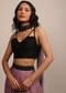 Black Strappy Sleeveless Raw Silk Blouse With V Neckline