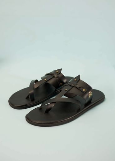 Black Strappy Slides For Men In Leather With Buttons