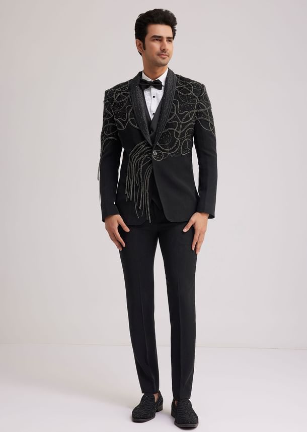 Black Suiting Tuxedo With Metallic Chain And Stone Work