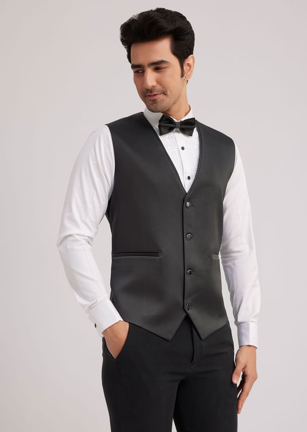 Black Suiting Tuxedo With Metallic Chain And Stone Work