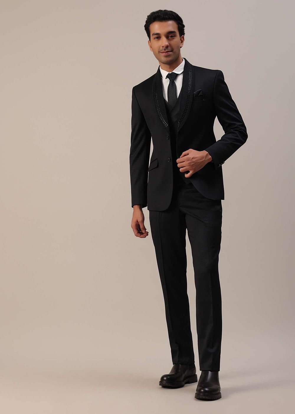 Black Terry Rayon Tuxedo Set With Cut Work Embroidery