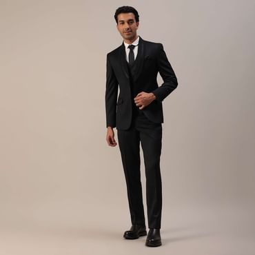 Black Terry Rayon Tuxedo Set With Cut Work Embroidery