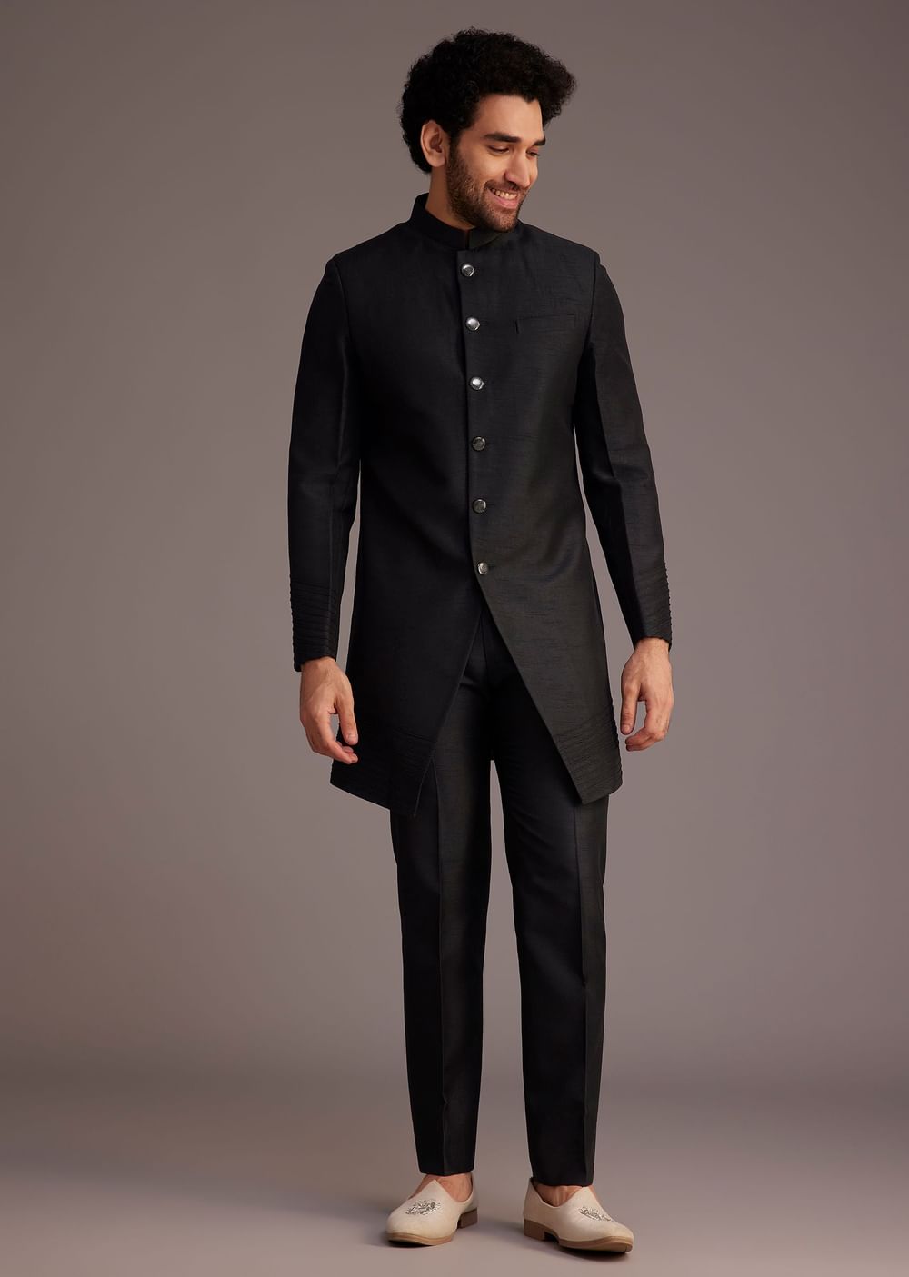Black Textured Bandhgala With Embellished Full Sleeve Jacket