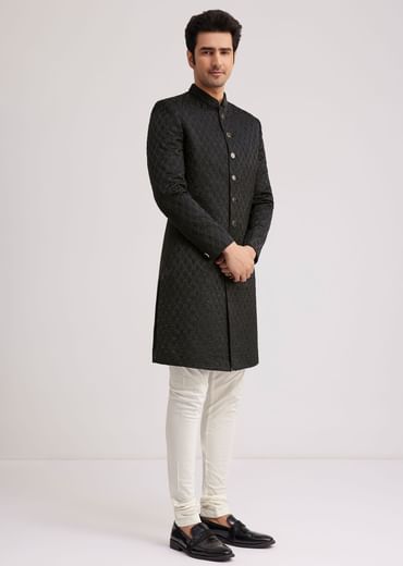 Black Textured Sherwani With Classic Button Detailing