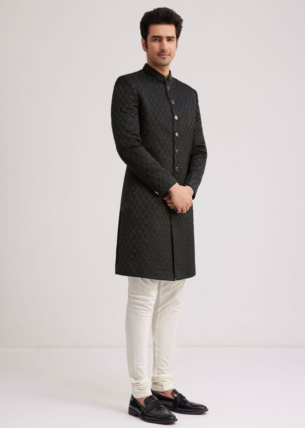 Black Textured Sherwani With Classic Button Detailing